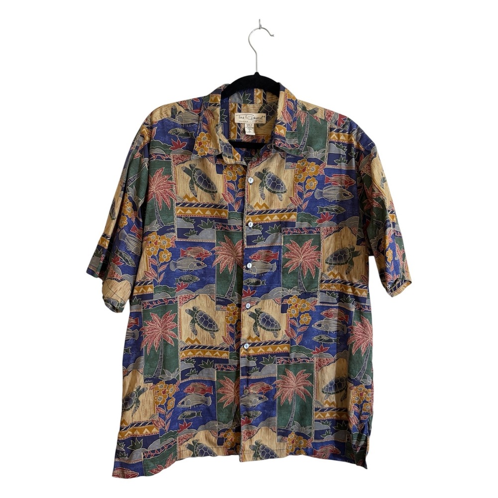 Tori Richard Button Up Shirt L Polynesian Sea Turtle Palm Fish Aloha Hawaiian